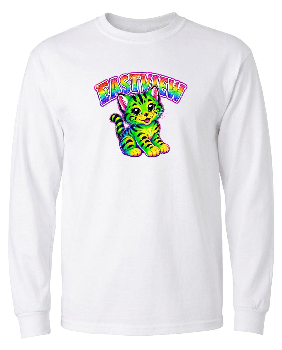 A white long-sleeved t-shirt with a colorful graphic of a cat and the word "EASTVIEW" written above it.