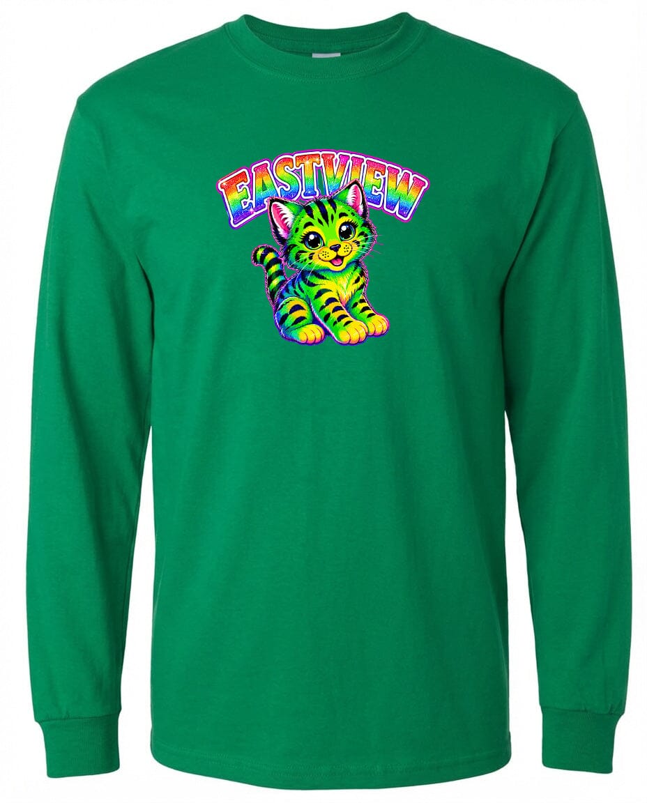A green long-sleeved t-shirt with a colorful graphic of a cat and the text "EASTVIEW" printed on it.