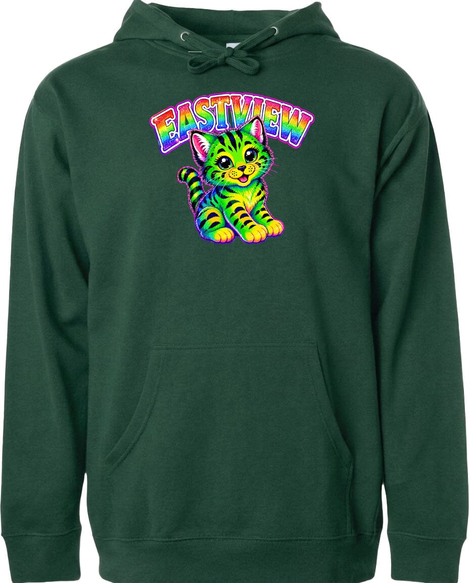 A green hoodie with a colorful graphic of a cat and the text "EASTVIEW" printed on it.