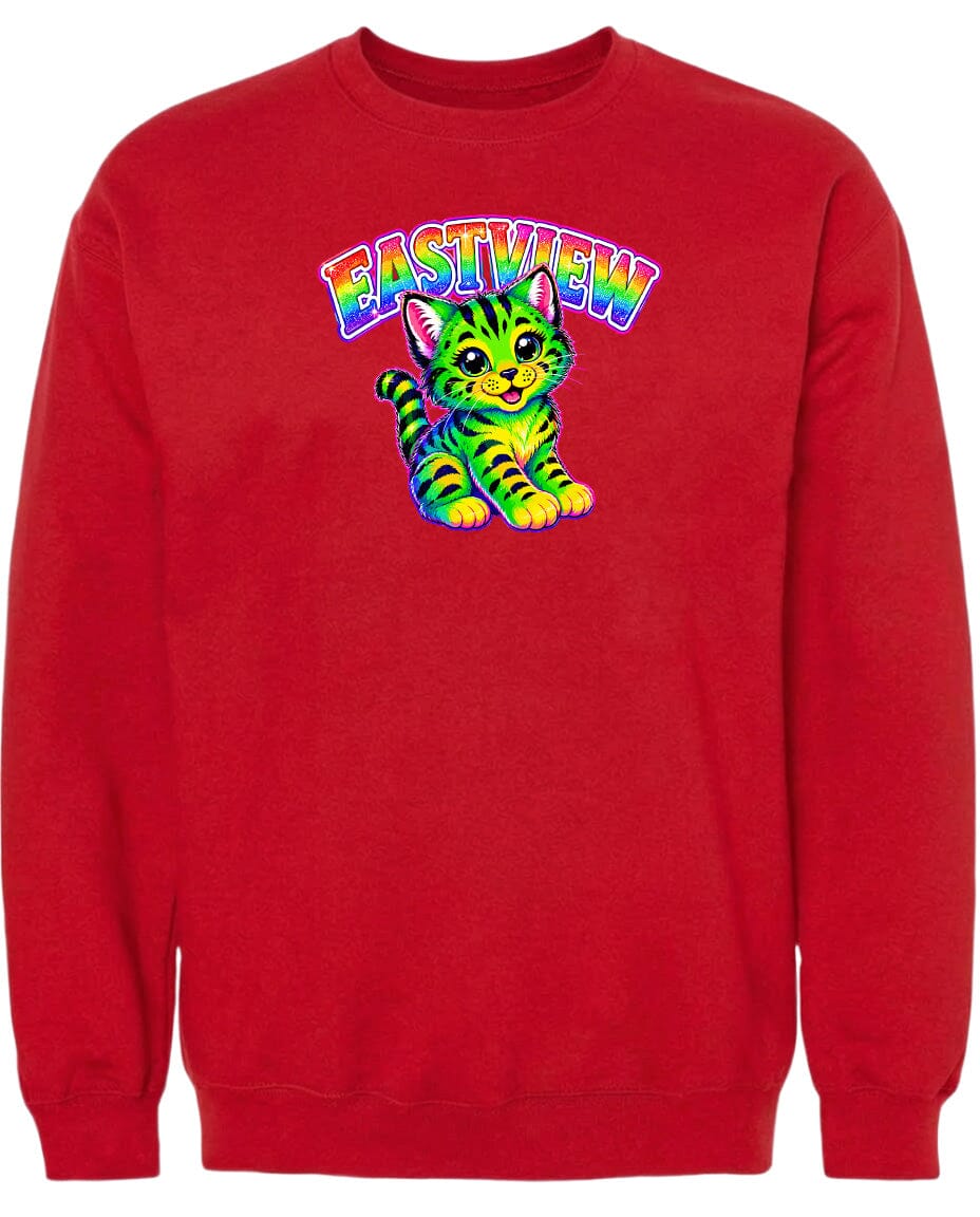 A red sweatshirt with a colorful graphic of a cat and the word "EASTVIEW" printed on it.