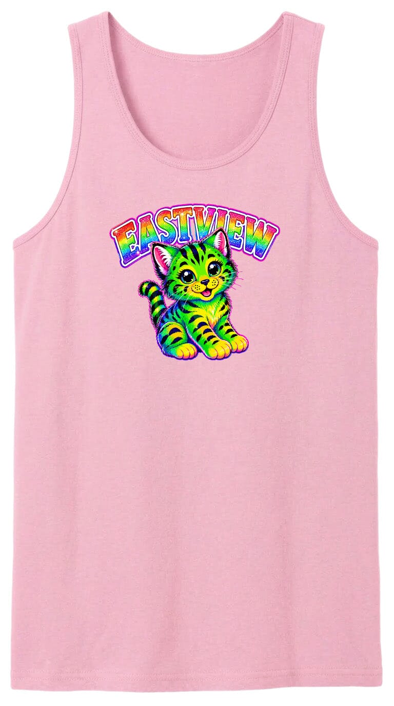 A pink tank top with a colorful graphic of a cat and the text "EASYVIEW" printed on it.