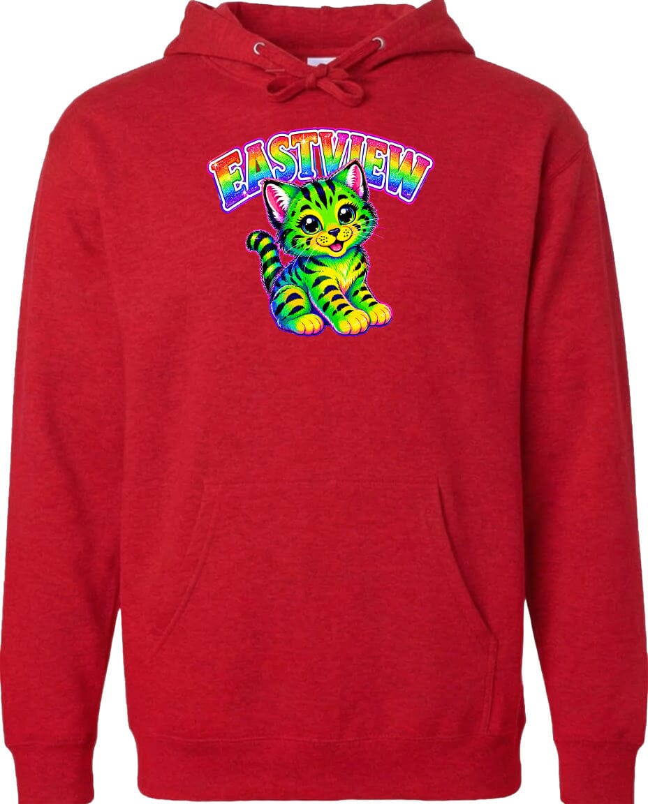 A red hoodie with a colorful graphic of a cat and the word "EASTVIEW" printed on it.