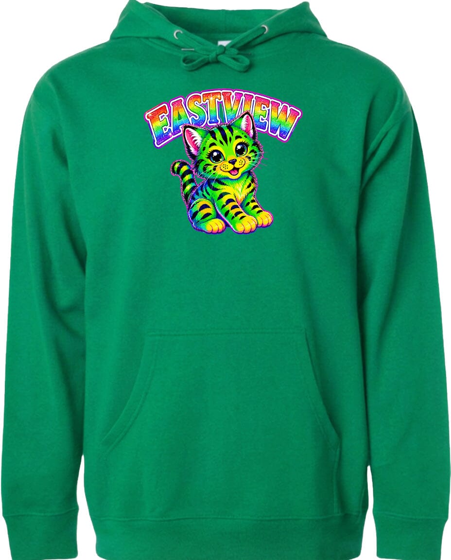 A green hoodie with a colorful graphic of a cat and the text "EASTVIEW" printed on it.