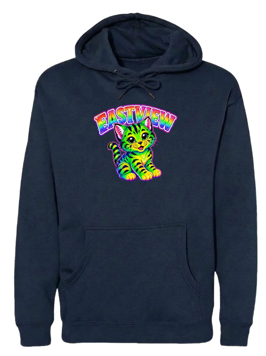 A navy blue hoodie with a colorful graphic of a cat and the text "EASTVIEW" printed on it.