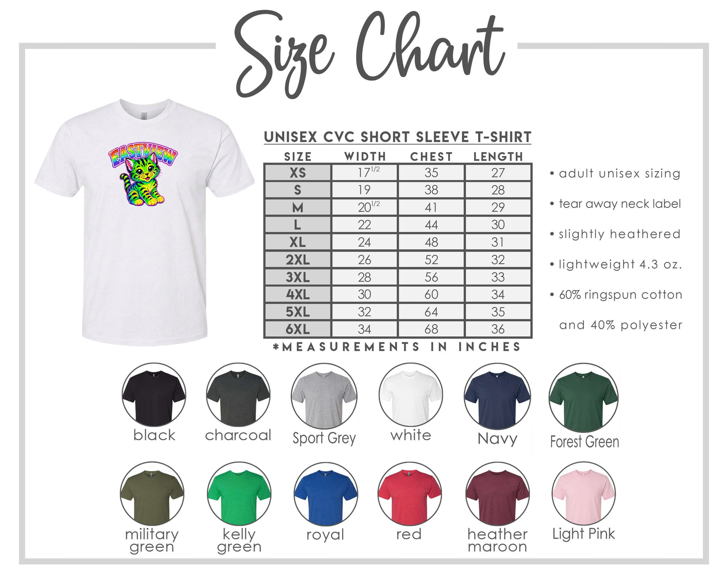 The image is a size chart for a white short sleeve t-shirt, including various color options and corresponding measurements in inches.