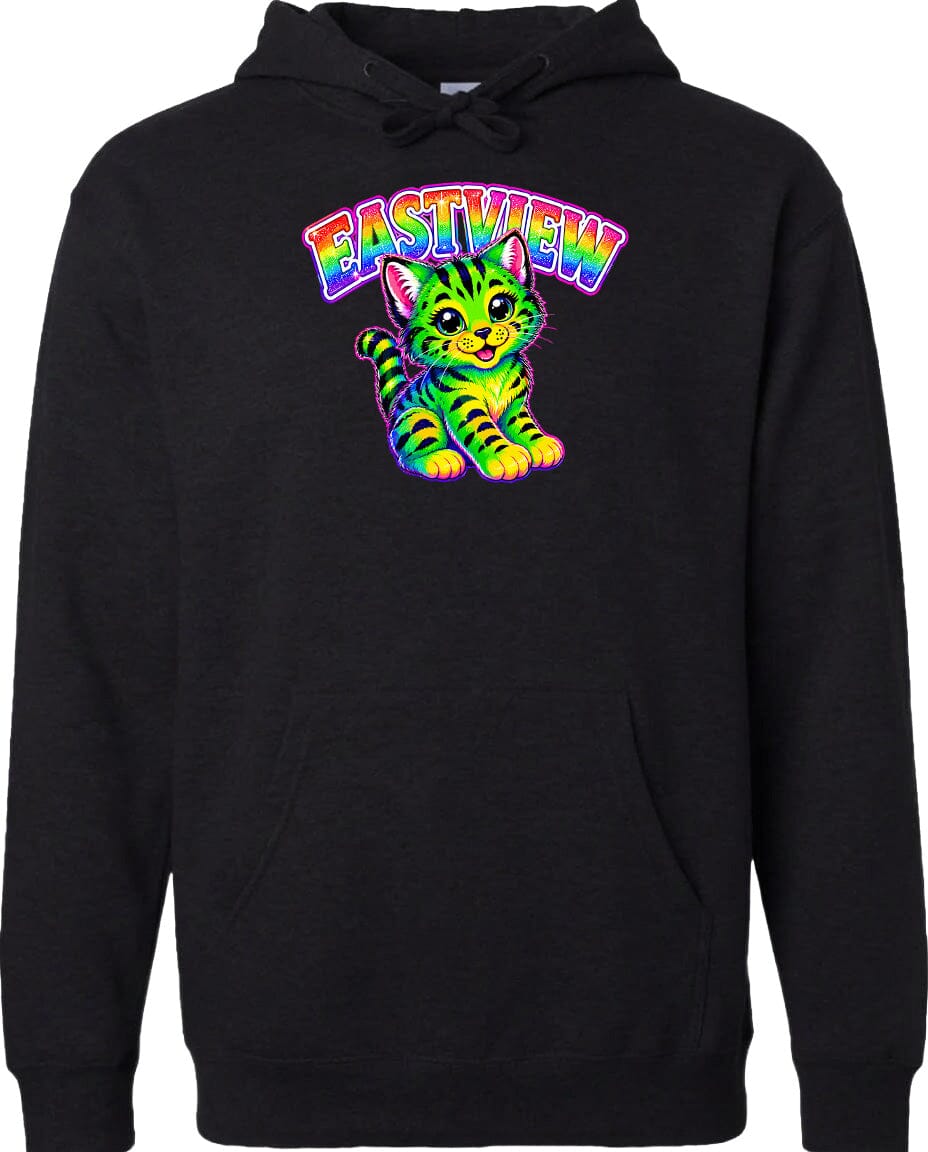 A black hoodie with a colorful graphic of a cat and the text "EASTVIEW" printed on it.