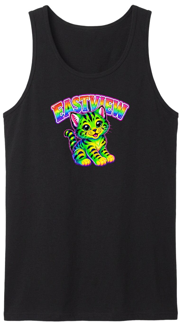 A black tank top with a colorful graphic of a cat and the text "EASTVIEW" printed on it.