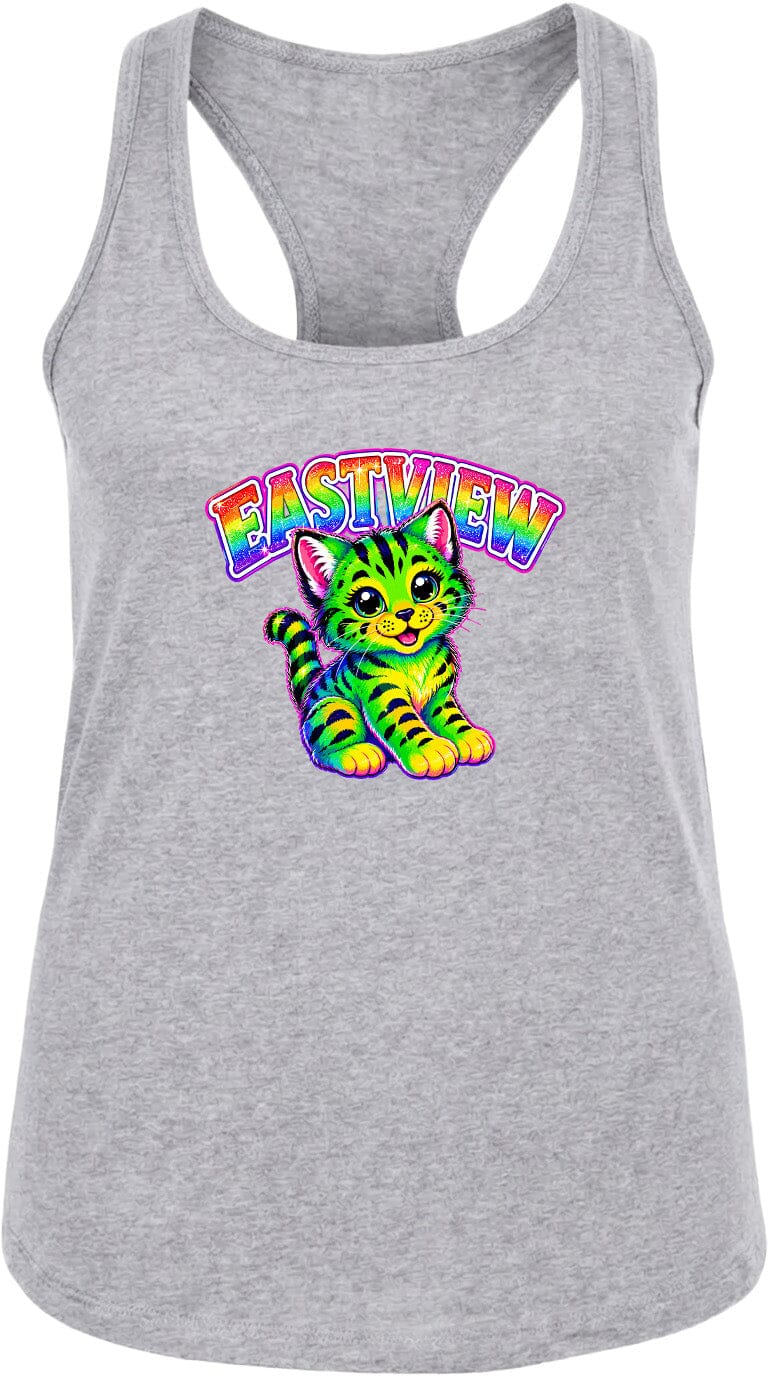 A gray tank top with a colorful graphic of a cat and the text "EASTVIEW" printed on it.
