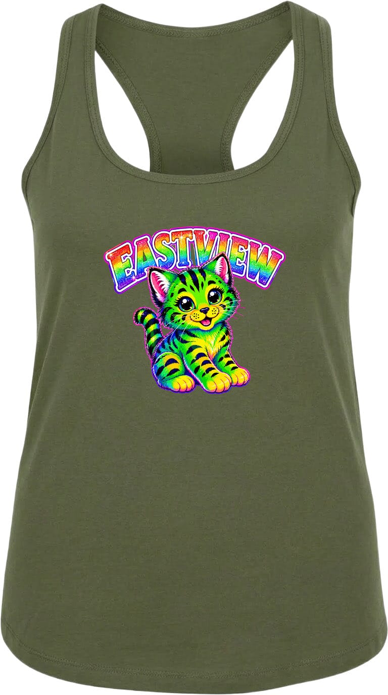 A green tank top with a colorful graphic of a cat and the text "EASTVIEW" printed on it.