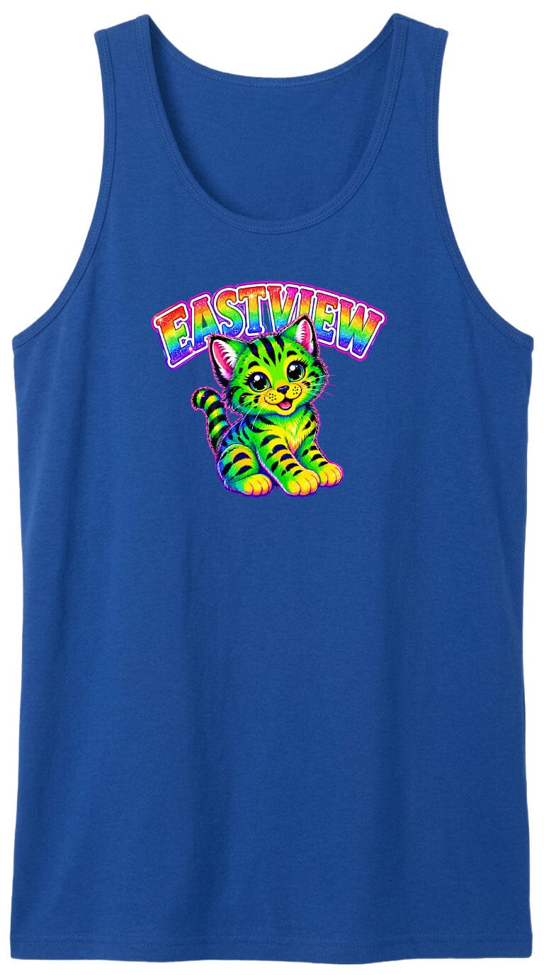 A blue tank top with a colorful graphic of a cat and the text "EASTVIEW" printed on it.