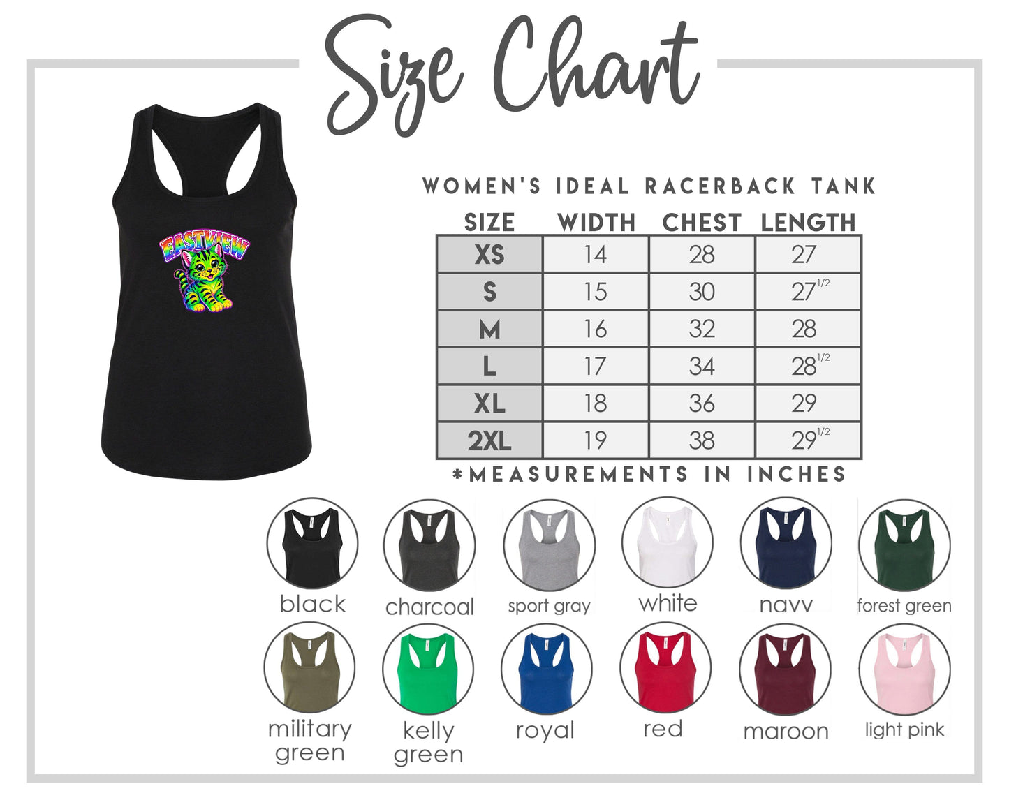 The image is a size chart for a women's ideal racerback tank, including various color options and corresponding chest measurements.