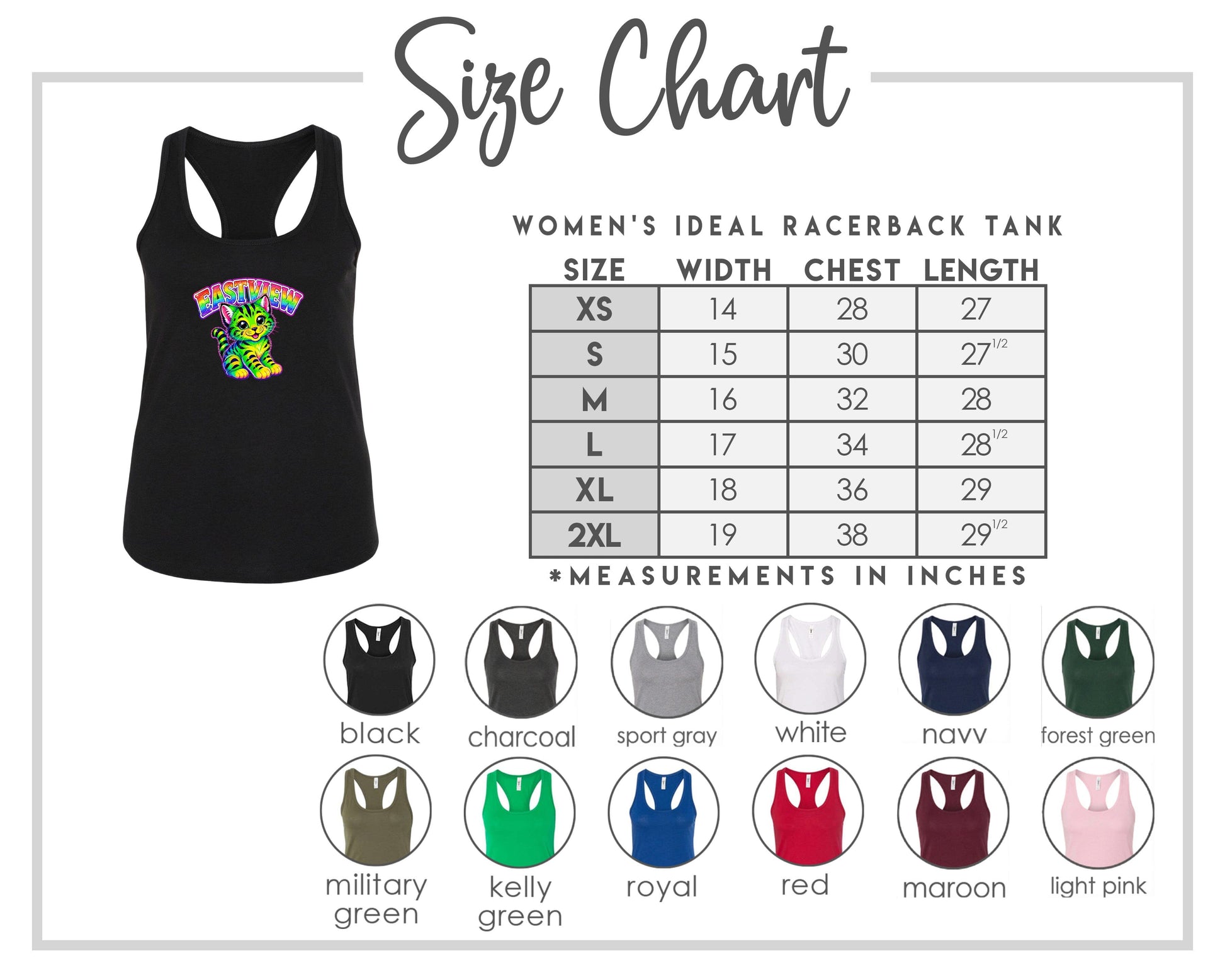 The image is a size chart for a women's ideal racerback tank, including various color options and corresponding chest measurements.