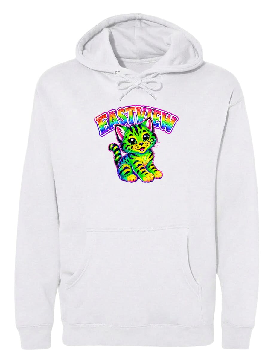 A white hoodie with a colorful graphic of a cat and the text "Eastview" printed on it.