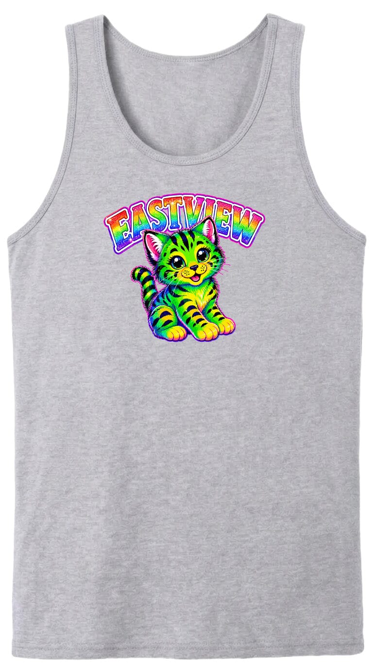A gray tank top with a colorful graphic of a cat and the text "EASYVIEW" printed on it.