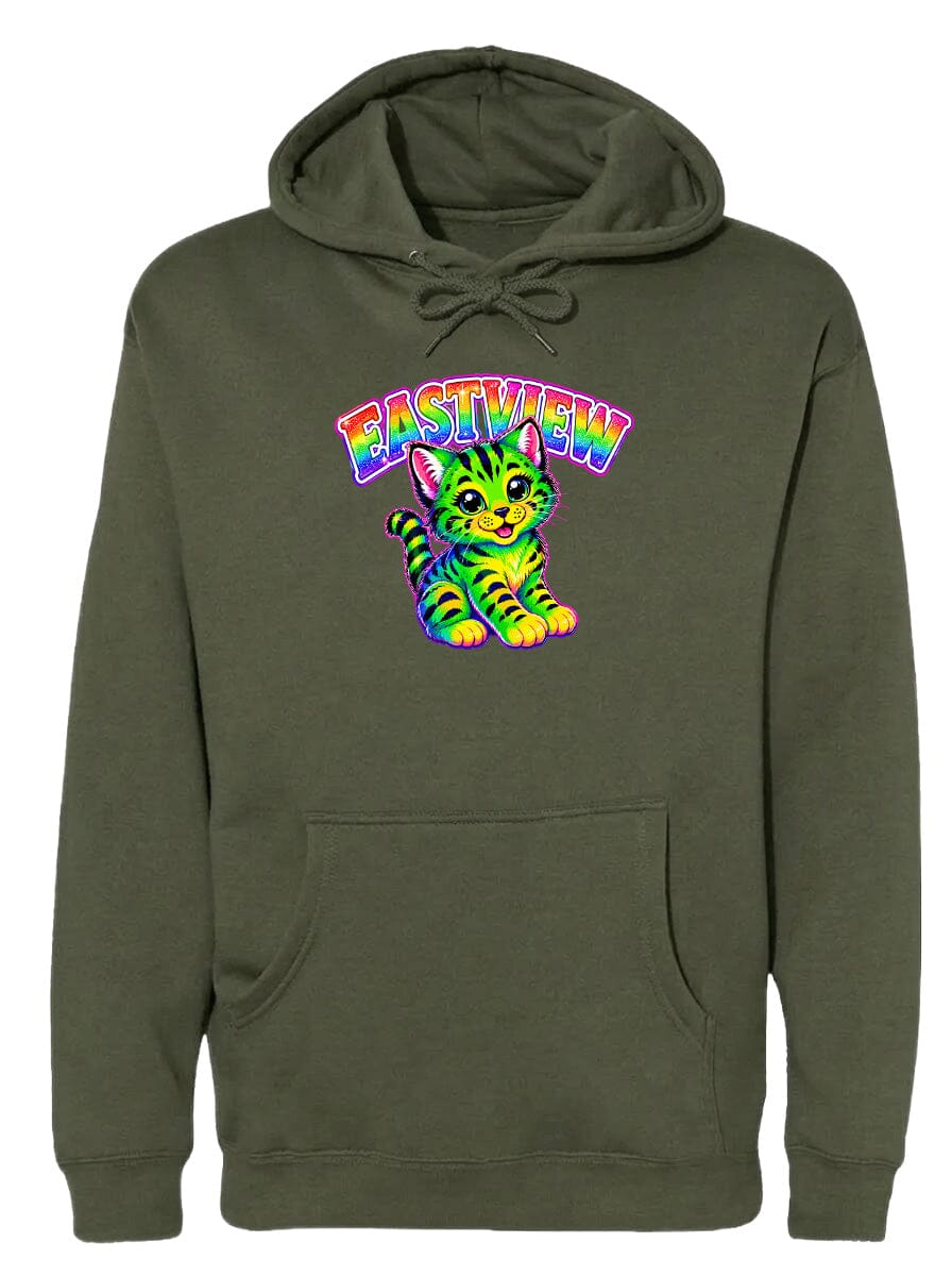 A green hoodie with a colorful graphic of a cat and the text "EASTVIEW" printed on it.