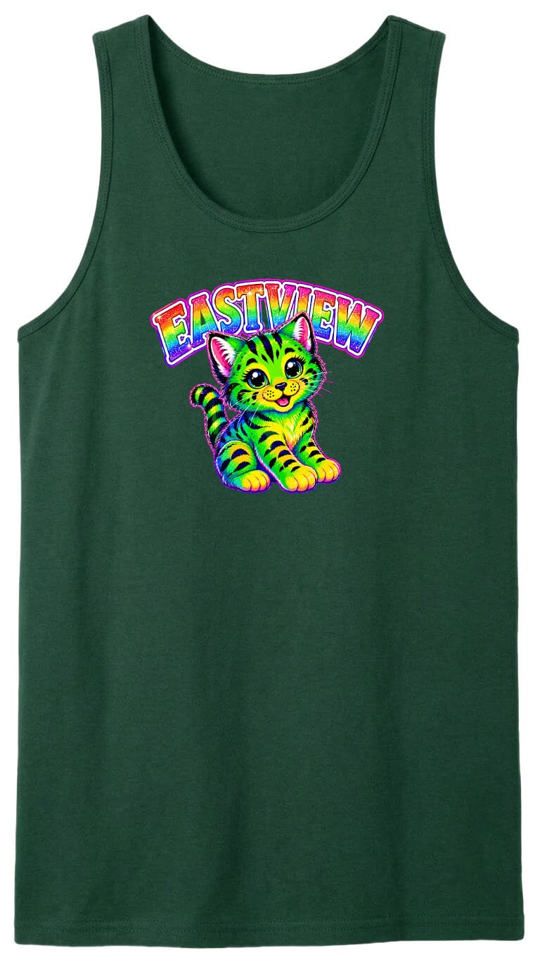 A green tank top with a colorful graphic of a cat and the text "EASTVIEW" printed on it.