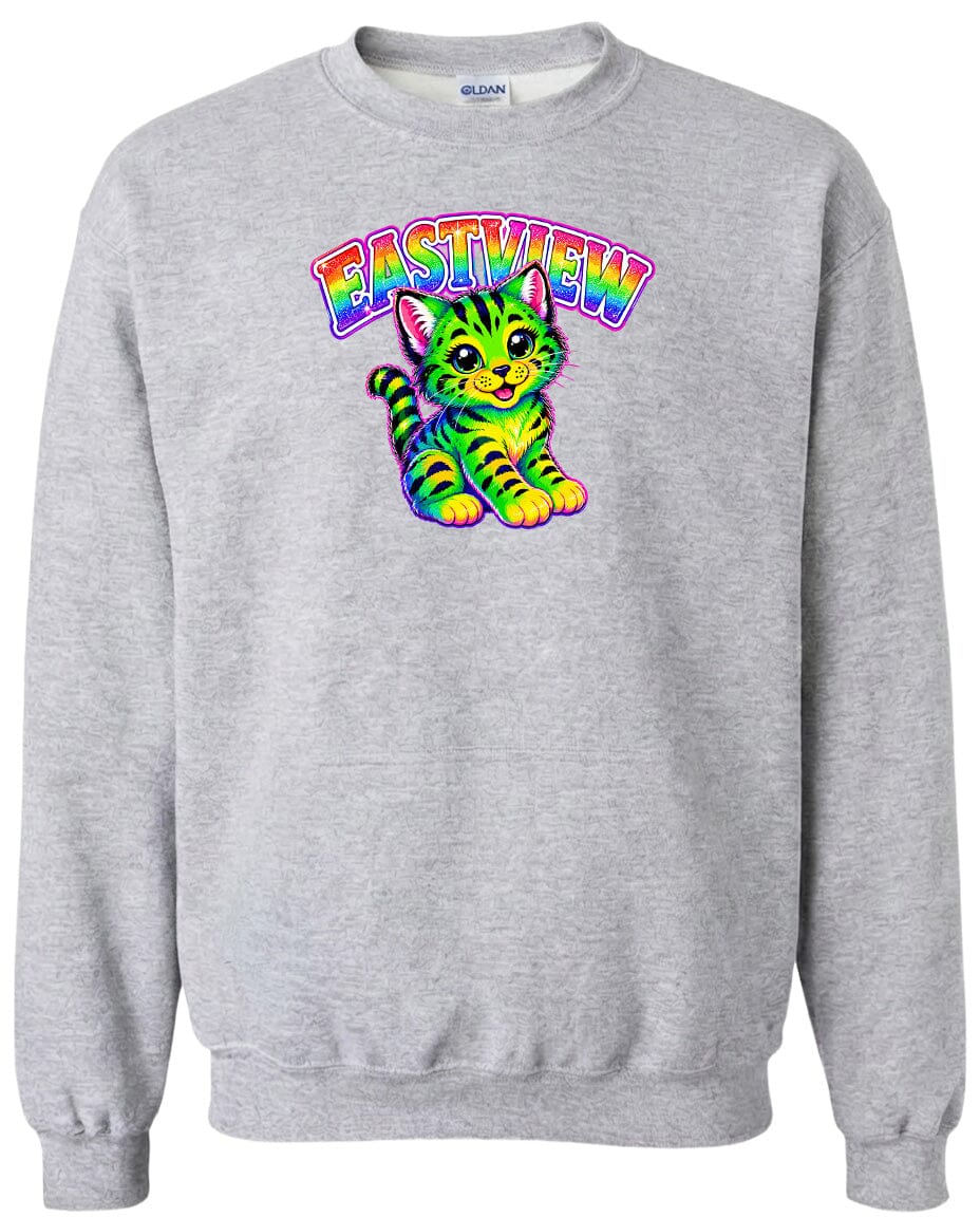 A gray sweatshirt with a colorful graphic of a cat and the text "EASTVIEW" printed on it.