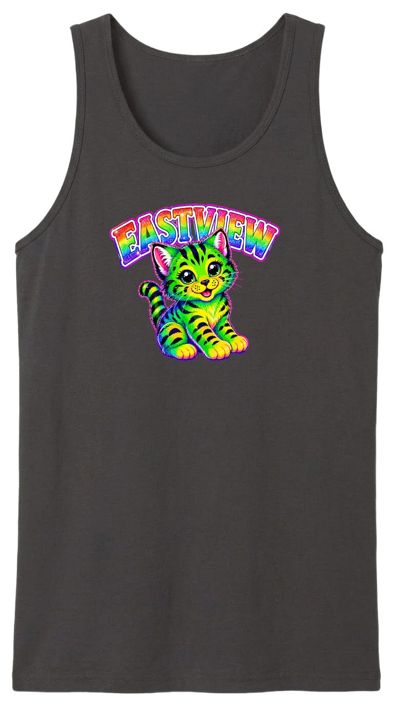 A black tank top with a colorful graphic of a cat and the text "EASTVIEW" printed on it.