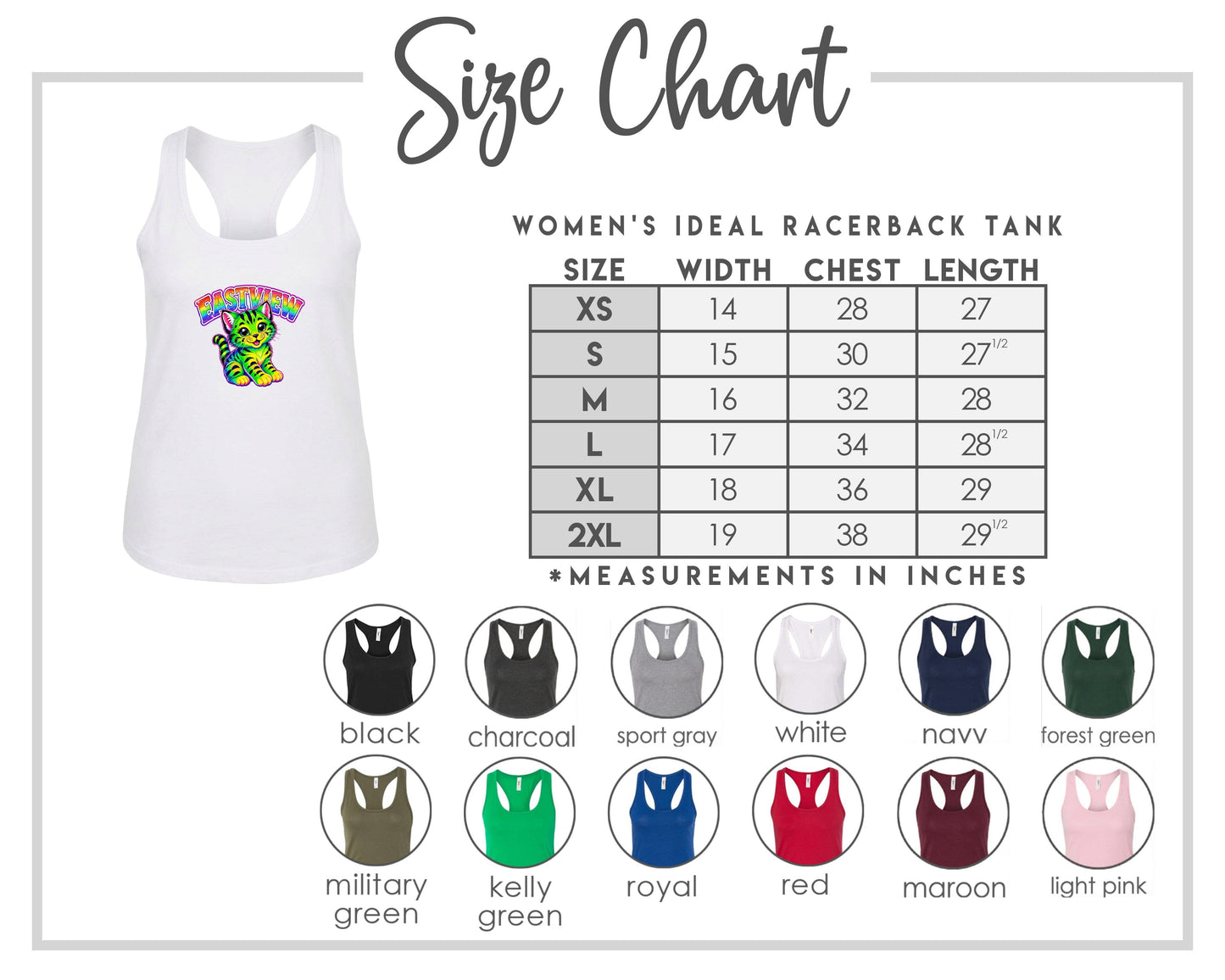 The image is a size chart for a women's ideal racerback tank, including a white tank with a colorful graphic and a table with size and chest length measurements.