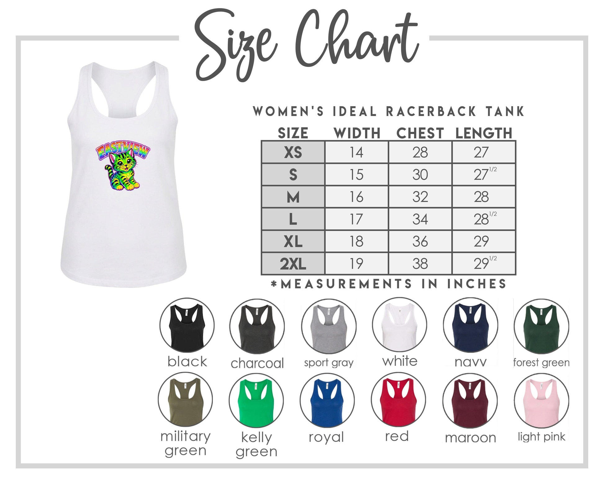 The image is a size chart for a women's ideal racerback tank, including a white tank with a colorful graphic and a table with size and chest length measurements.