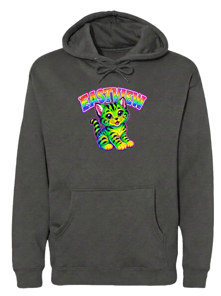 A gray hoodie with a colorful graphic of a cat and the text "EASTVIEW" printed on it.