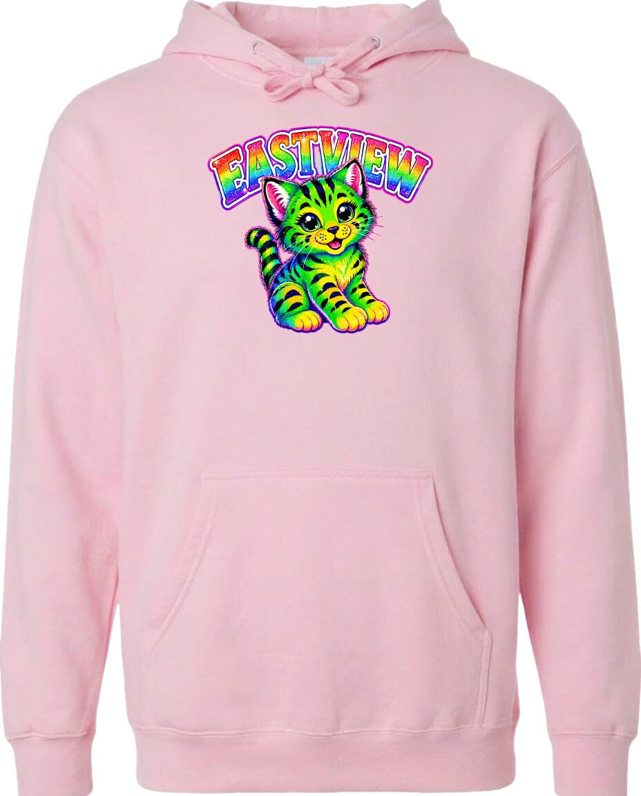 A pink hoodie with a colorful graphic of a cat and the word "EASTVIEW" printed on it.
