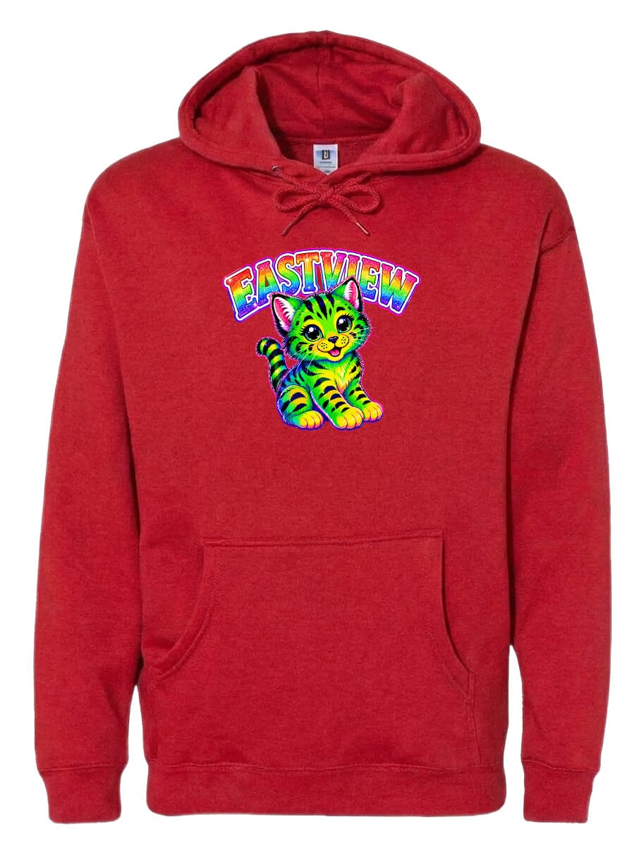 A red hoodie with a colorful graphic of a cat and the text "EASTVIEW" printed on it.