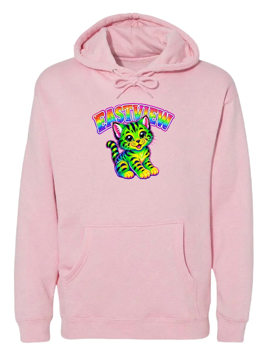 A pink hoodie with a colorful graphic of a cat and the text "Eastview" printed on it.