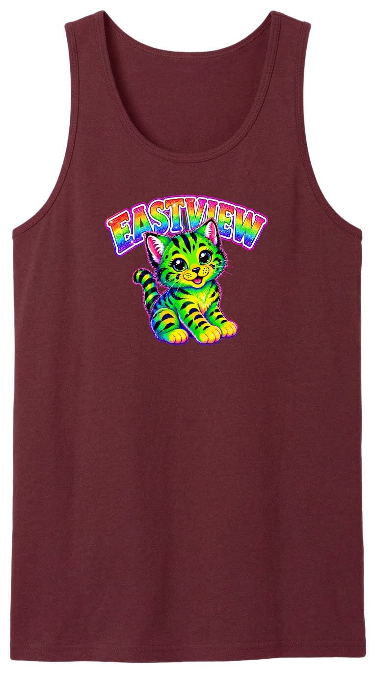 A maroon tank top with a colorful graphic of a cat and the text "EASTVIEW" printed on it.