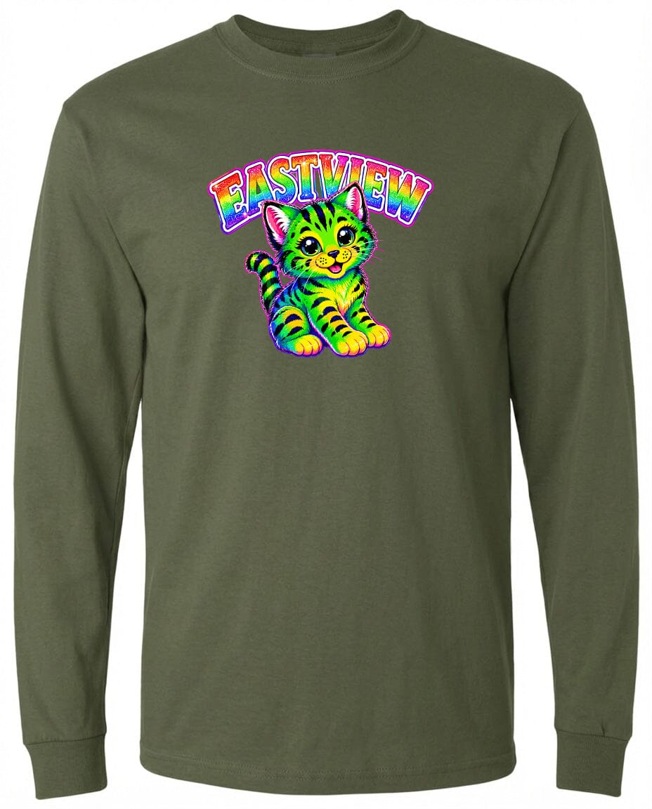 A long-sleeved green t-shirt with a colorful graphic of a cat and the text "EASTVIEW" printed on it.
