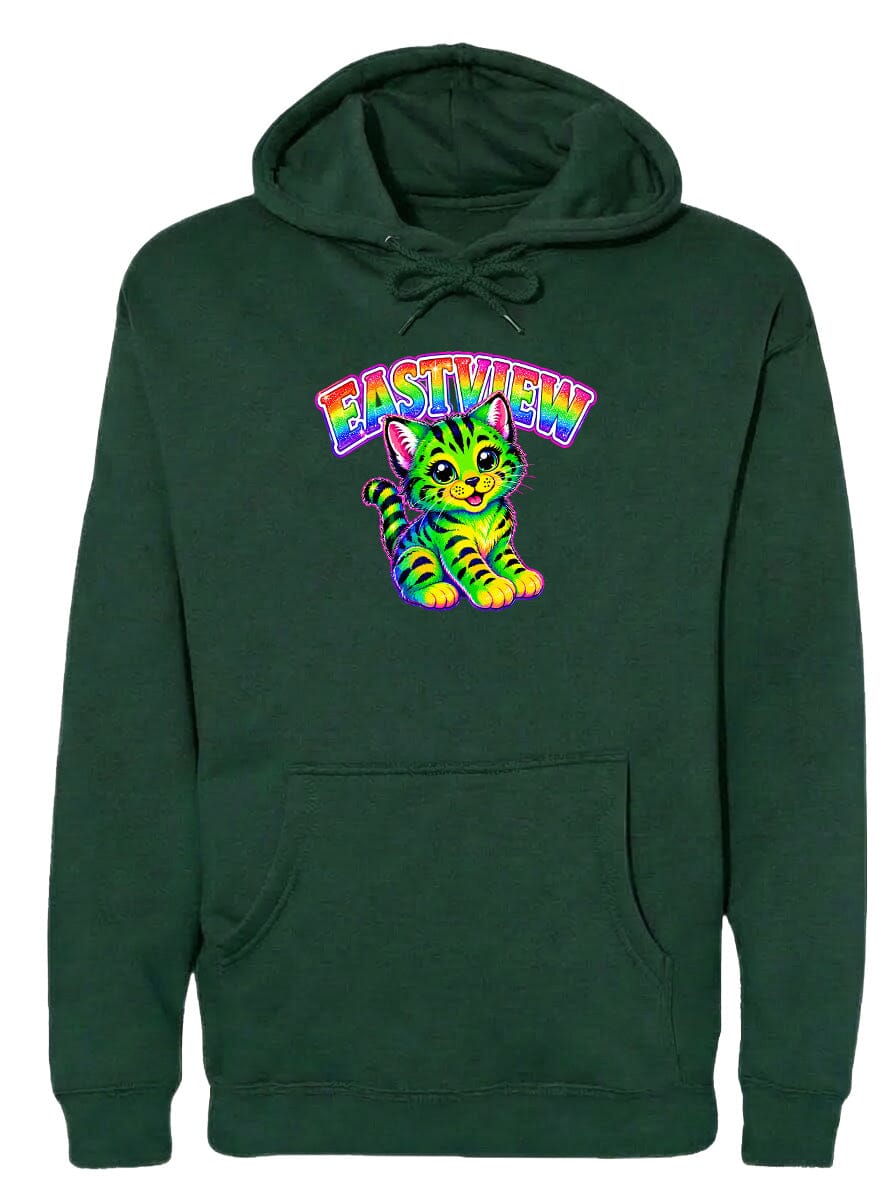 A green hoodie with a colorful graphic of a cat and the text "EASTVIEW" printed on it.