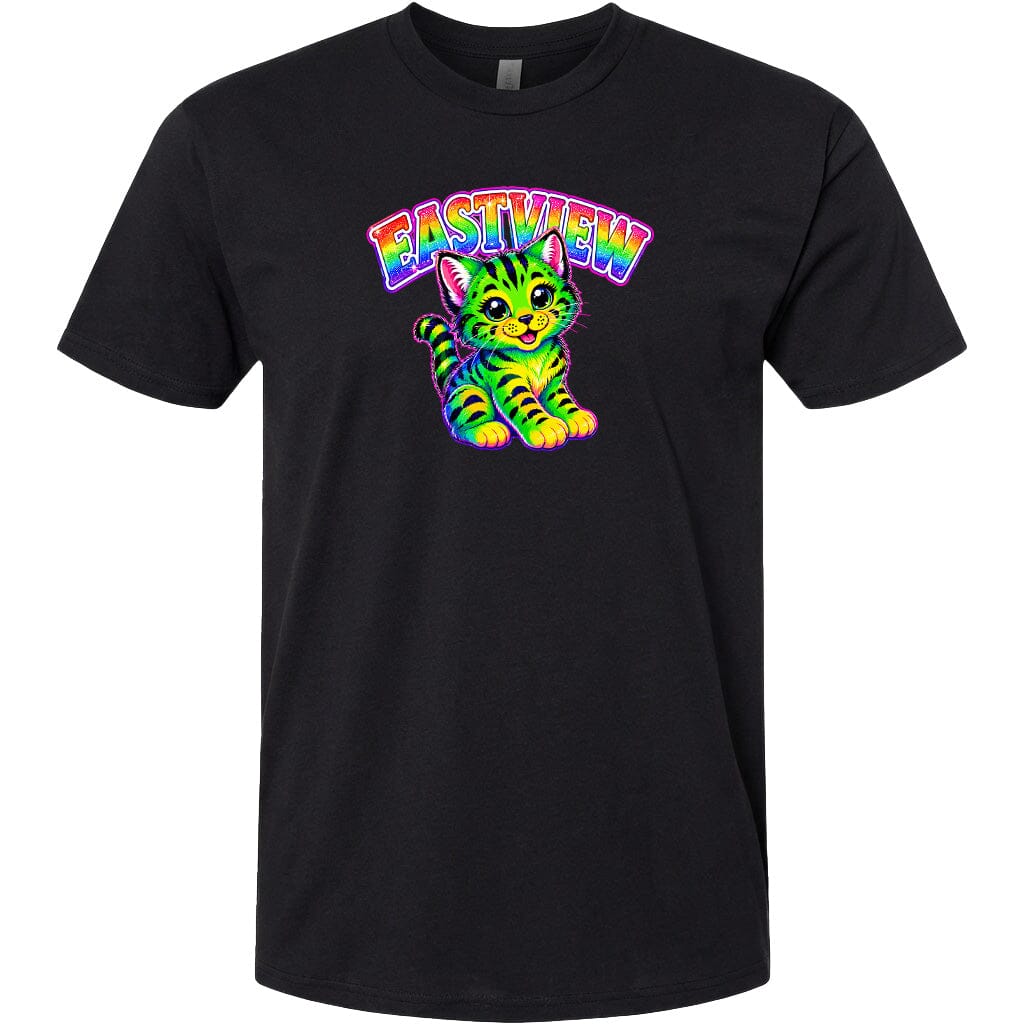 A black t-shirt with a colorful graphic design depicting a cat with a rainbow-colored pattern.