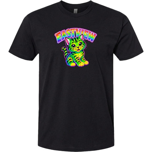 A black t-shirt with a colorful graphic design depicting a cat with a rainbow-colored pattern.