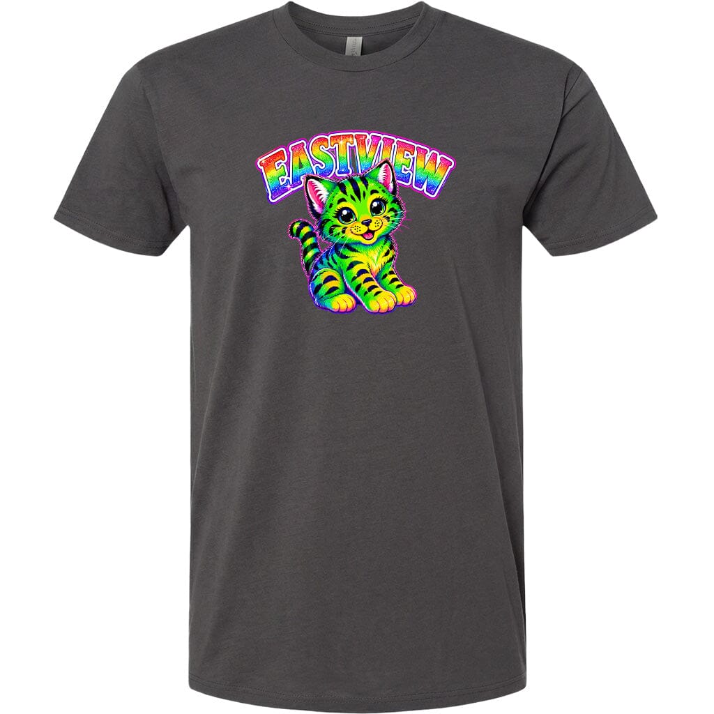 A gray t-shirt with a colorful graphic design depicting a cat with a rainbow-colored pattern.