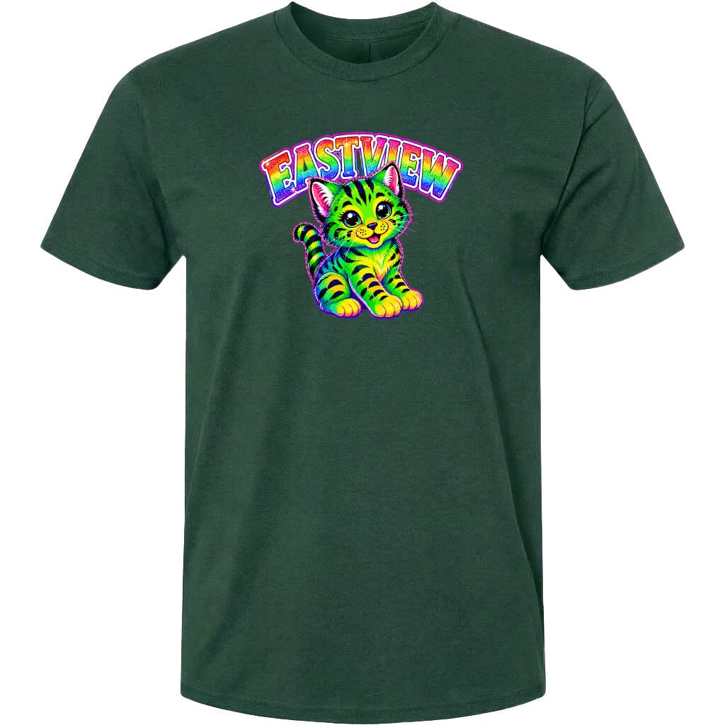 A green t-shirt with a colorful graphic of a cat and the text "EASTVIEW" printed on it.