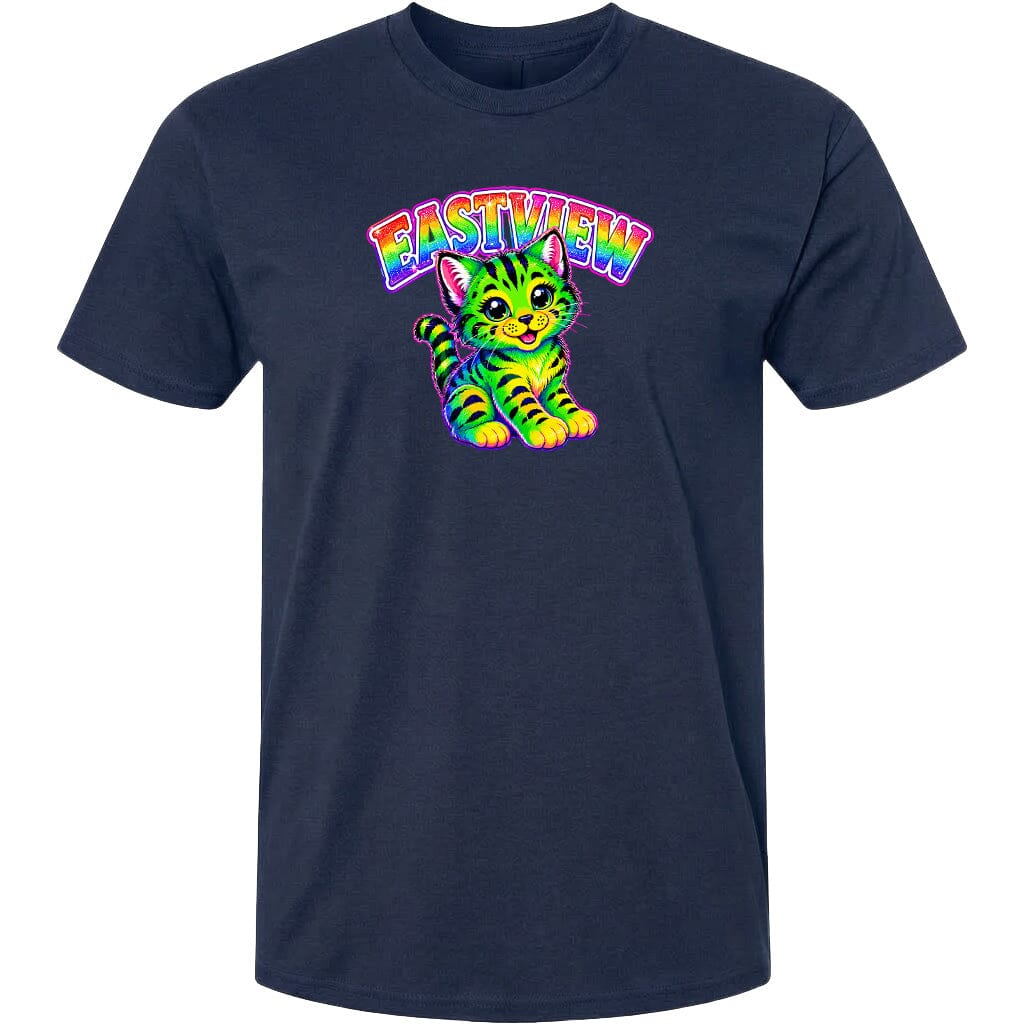 A black t-shirt with a colorful graphic design depicting a cat with a rainbow-colored pattern.