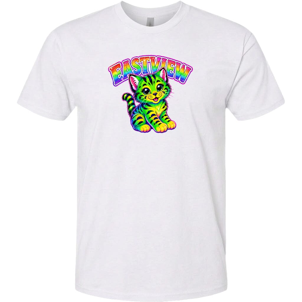 A white t-shirt with a colorful graphic design depicting a smiling cat.