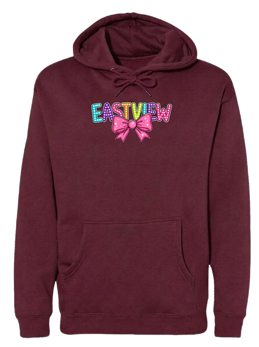 A burgundy-colored hoodie with the word "EASTVIEW" printed on it, along with a bow-shaped graphic.