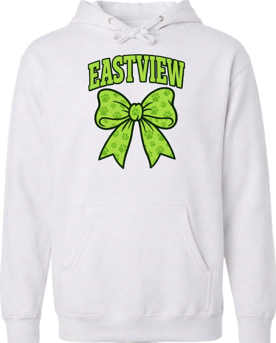 A white hoodie with a green bow and the word "EASTVIEW" printed on it.