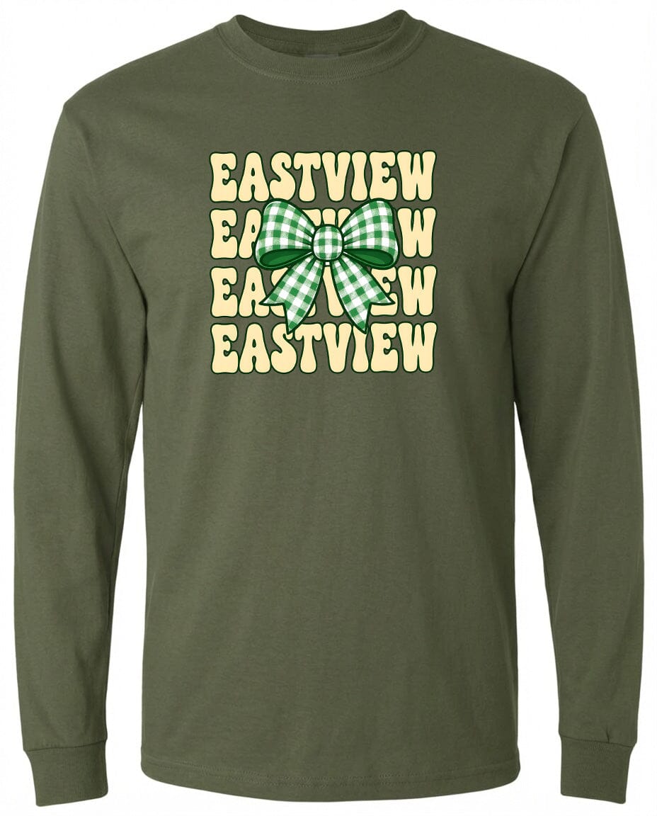 A long-sleeved green t-shirt with a graphic design featuring a green and white checkered bow and the text "EASTVIEW" repeated in a vertical pattern.