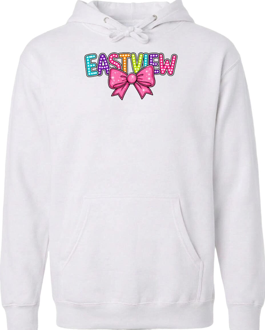 A white hoodie with a colorful bow and the word "EASTVIEW" printed on it.