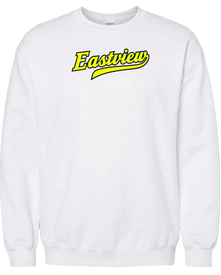 A white sweatshirt with the word "Eastview" printed in yellow on the front.