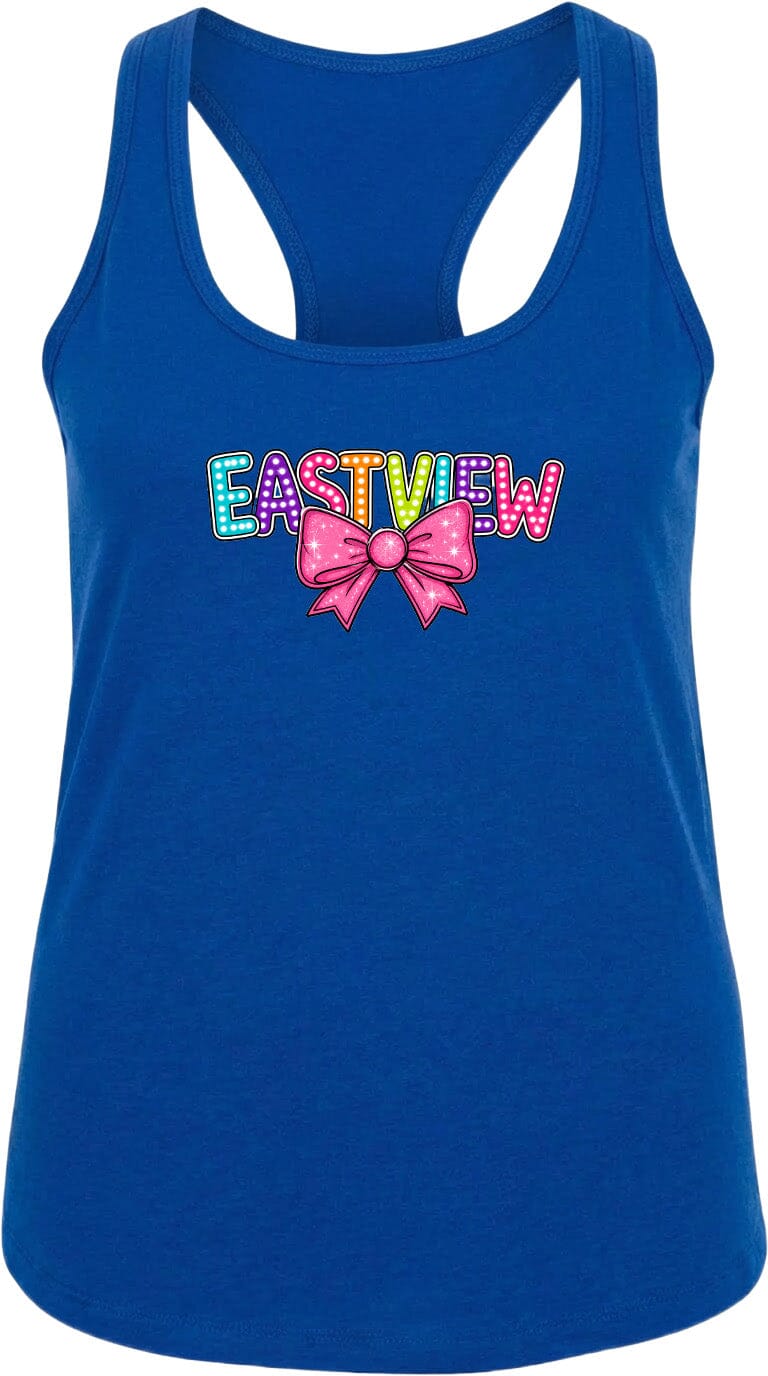 A blue tank top with the word "EASTVIEW" printed on it, along with a bow graphic.