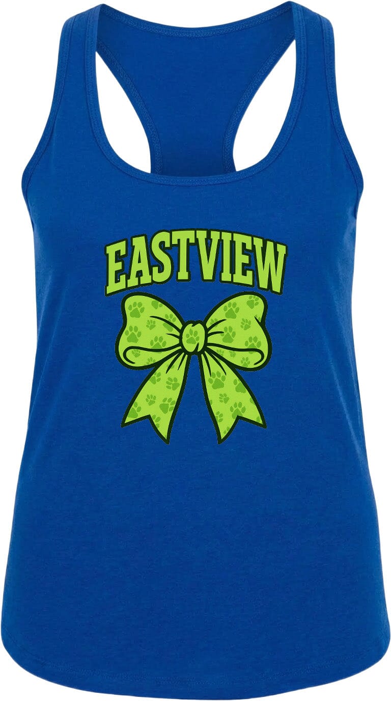 A blue tank top with a green bow and the word "EASTVIEW" printed on it.