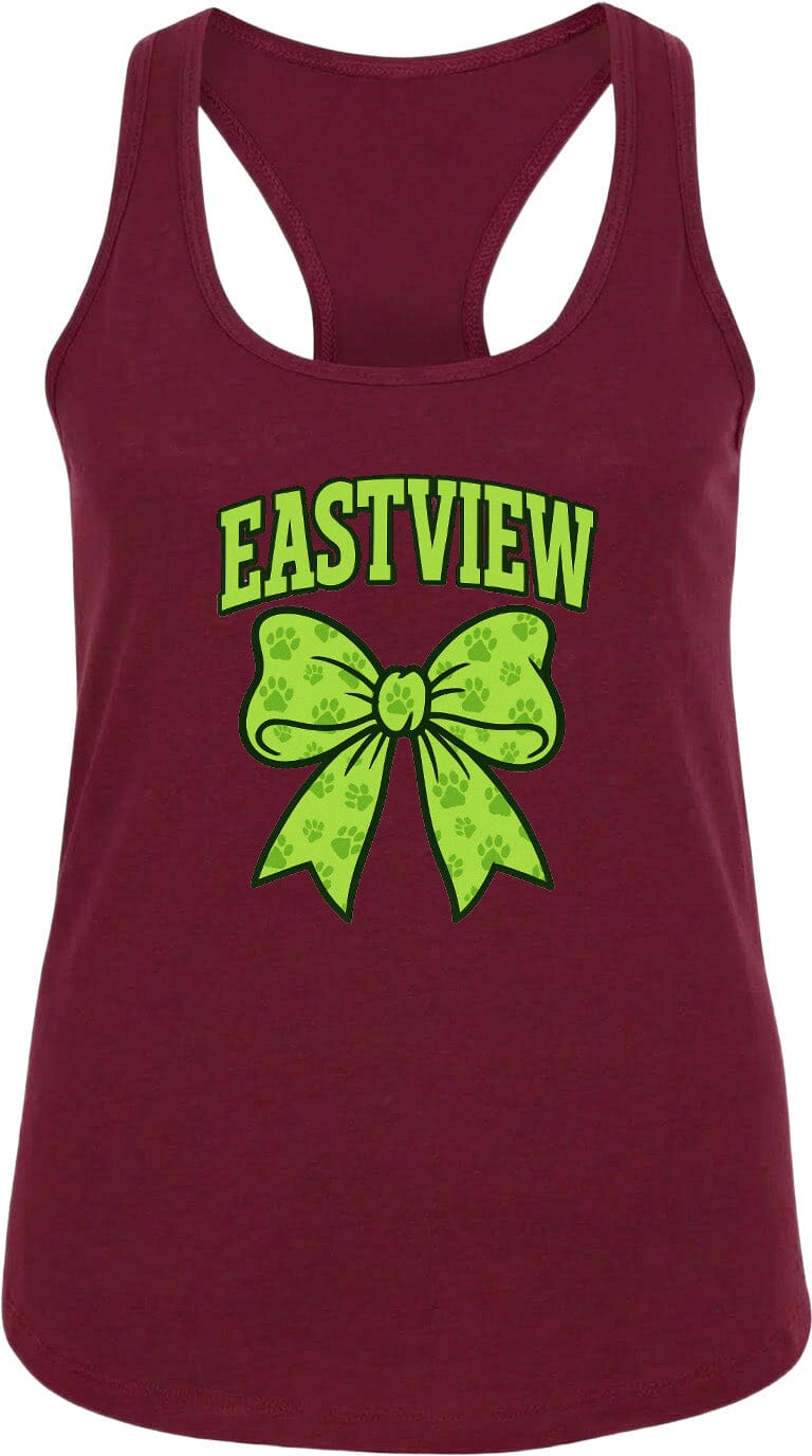 A burgundy tank top with a green bow and the text "EASTVIEW" printed on it.