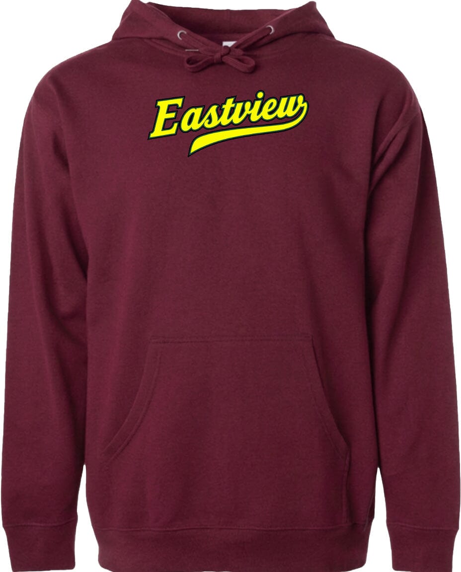 A burgundy-colored hoodie with the word "Eastview" printed in yellow on the front.