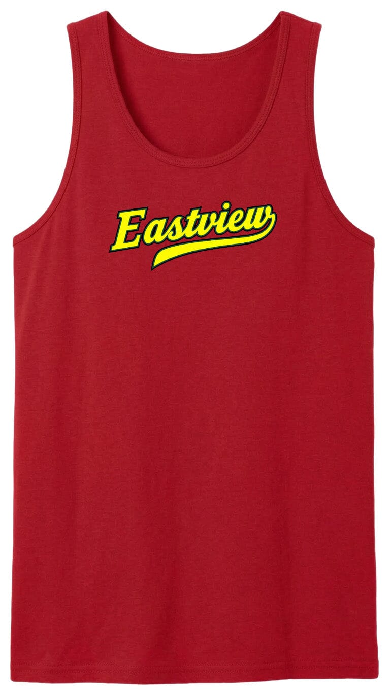 A red tank top with the word "Eastview" printed in yellow on it.