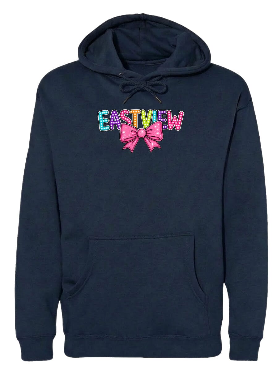 A navy blue hoodie with the word "EASTVIEW" printed on it, along with a bow design.