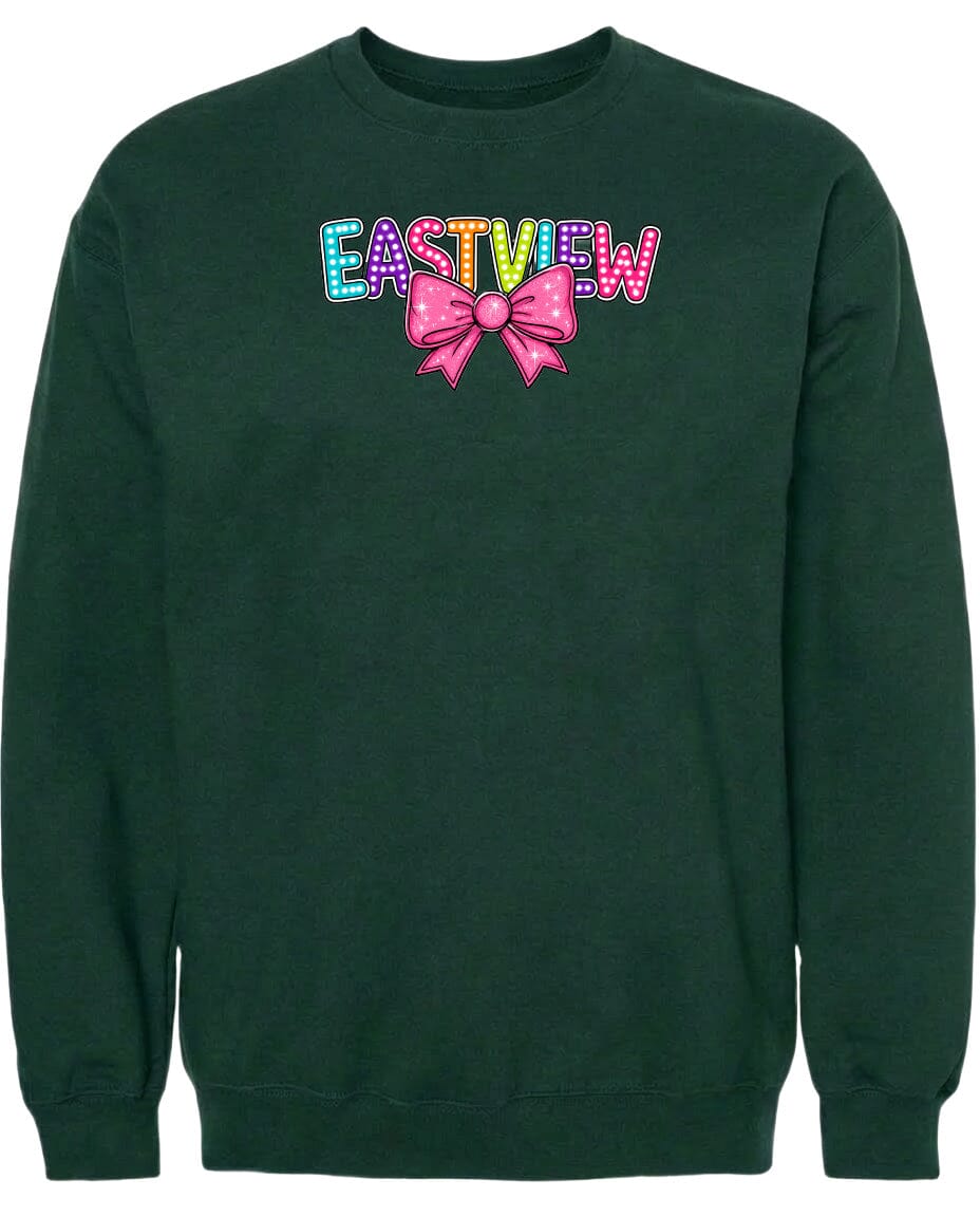 A dark green sweatshirt with a colorful bow and the word "EASTVIEW" printed on it.