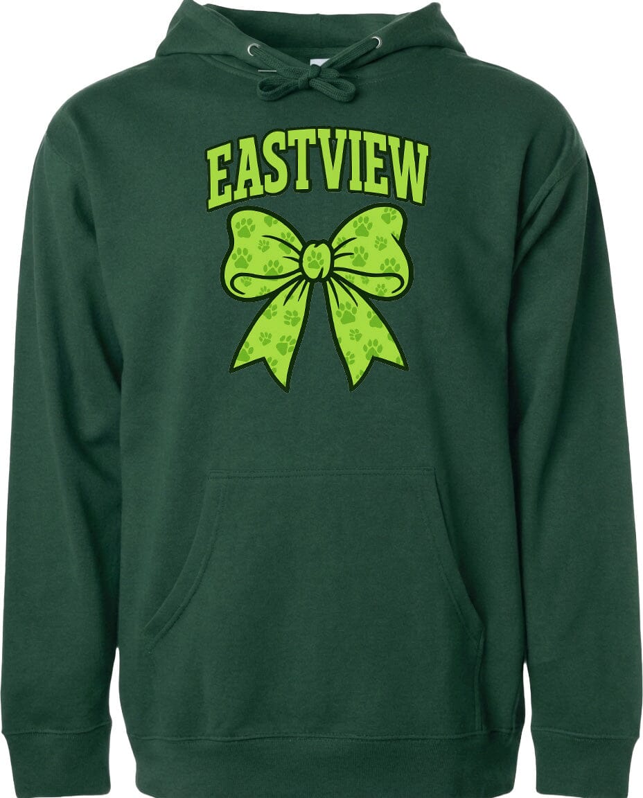 A dark green hoodie with a large green bow and the word "EASTVIEW" printed on it.